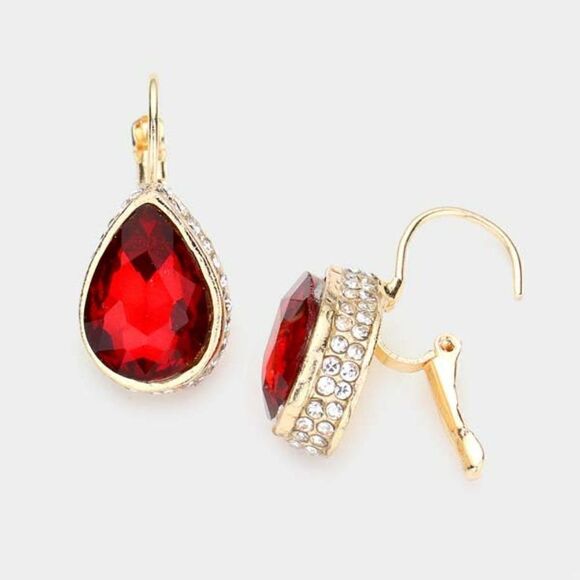 Rhinestone Red Teardrop Stone Lever Back Gold Evening Earrings - Picture 3 of 5